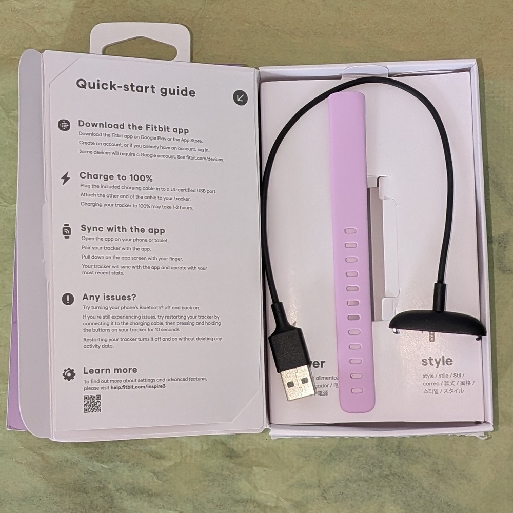 Fitbit Inspire 3 with lilac silicone fitness band and charger - Picture 3 of 3